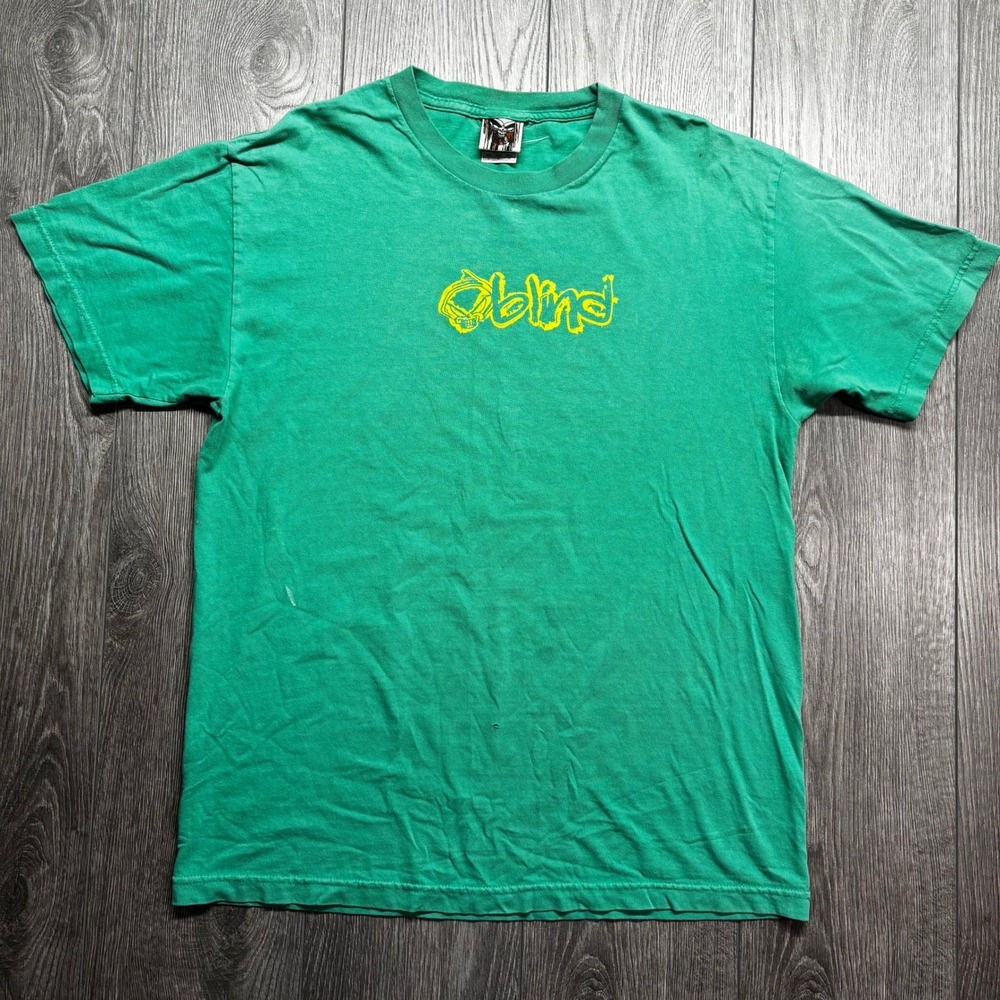 Vintage Blind Skateboards T Shirt Mens Large Green Yellow Logo Graphic Tee 90s
